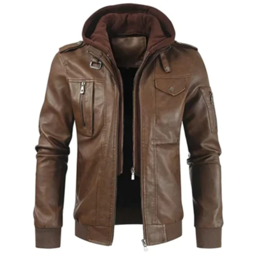 Brown Leather Hooded Rider Jacket 2