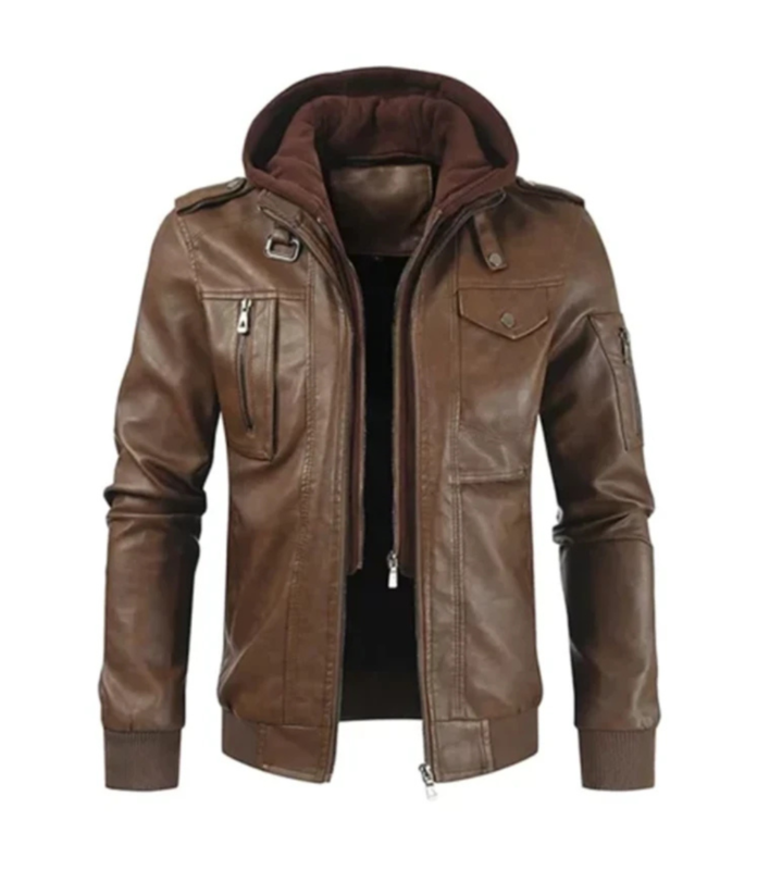 Brown Leather Hooded Rider Jacket 2