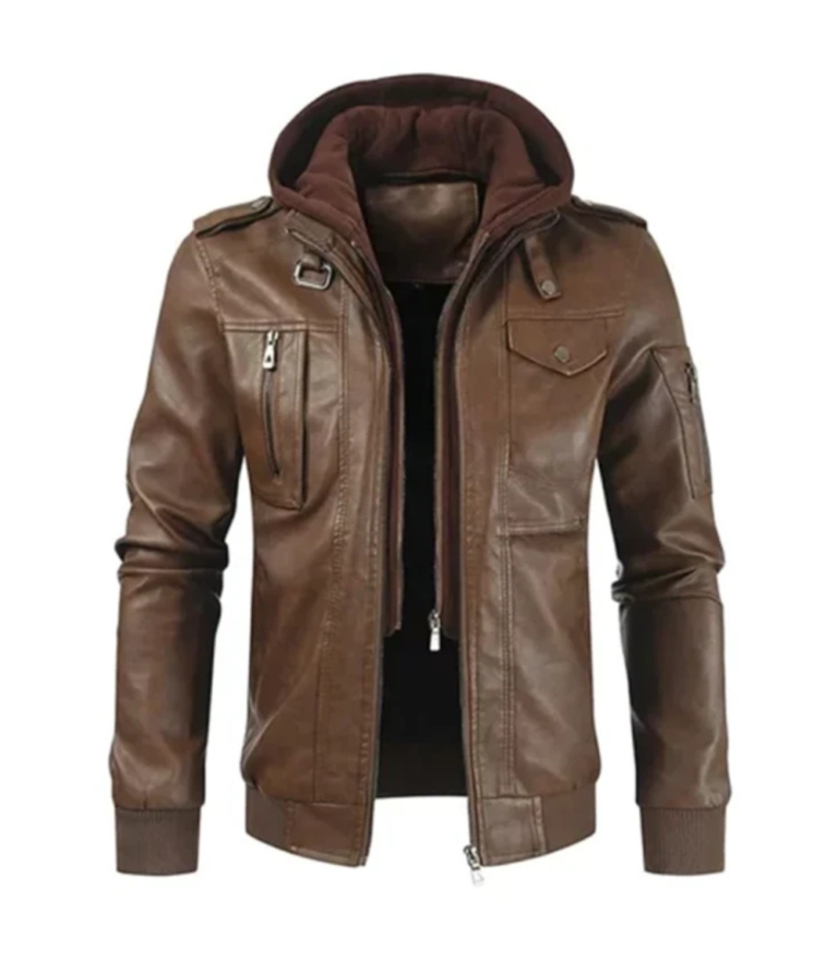 Brown Leather Hooded Rider Jacket 2