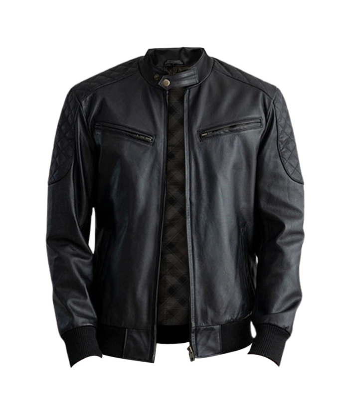 Casual Black Leather Bomber Jacket 1